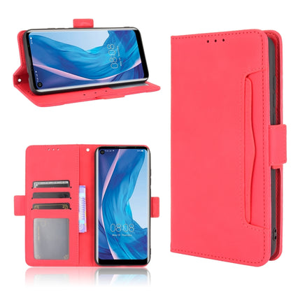 Red leather flip phone case with card slots and inner phone stand holder, side view