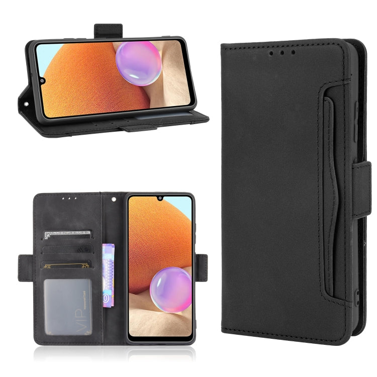 Black leather flip phone case with card slots and photo frame in open position