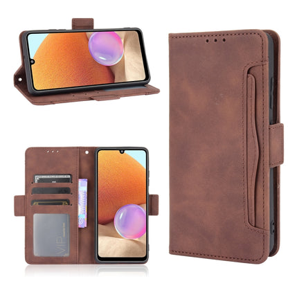 Brown leather flip phone case with horizontal photo window, card slots, and stand