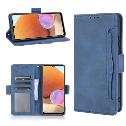 Blue horizontal-flip leather phone case with card slots and photo frame window.