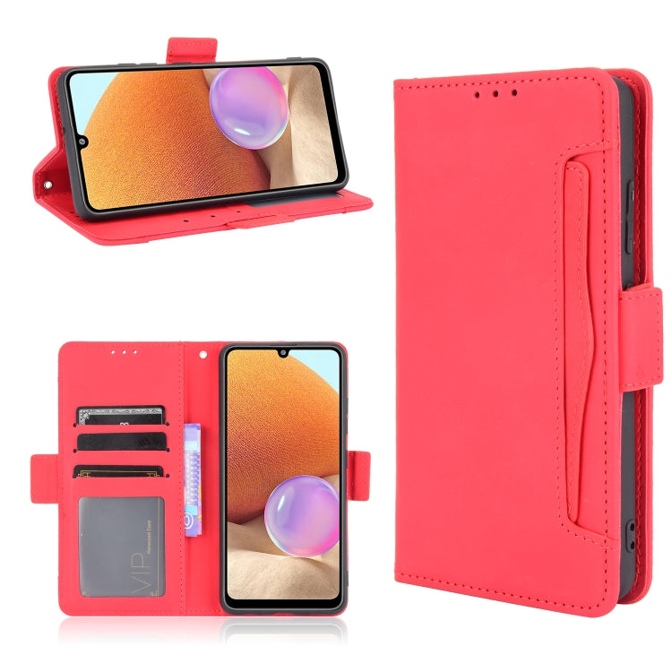 Red leather flip phone case with card slots and photo frame window, phone back cover view