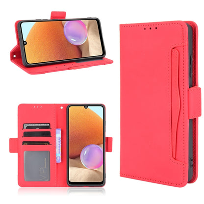 Red leather flip phone case with card slots and photo frame window, phone back cover view