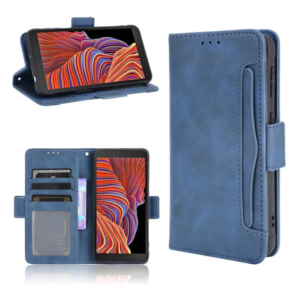 Blue flip leather phone case with card slots and holder, side view with strap.