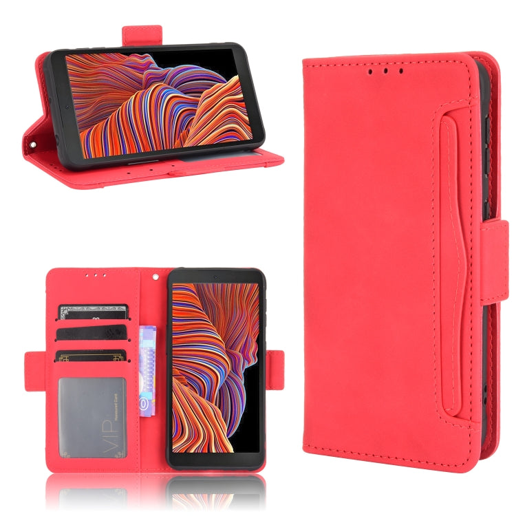 Red leather flip phone case with card slots and holder, showing open wallet interior