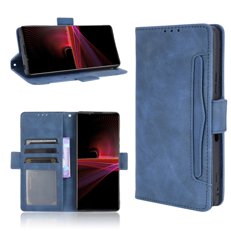 Blue flip leather phone case with card slots and holder window, stand open view.