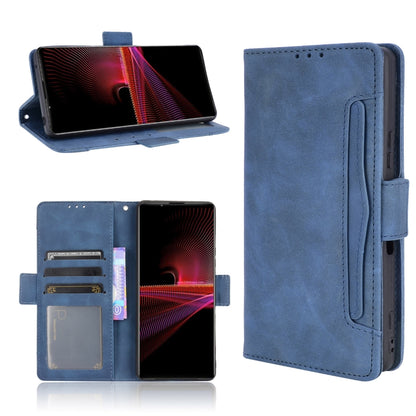 Blue flip leather phone case with card slots and holder window, stand open view.