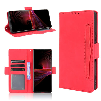 Red leather flip phone case with card slots and photo frame window, front and back with flip