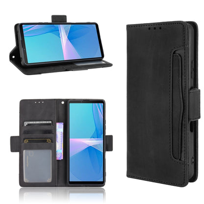 Black leather flip phone case with card slots and side holder window frame.