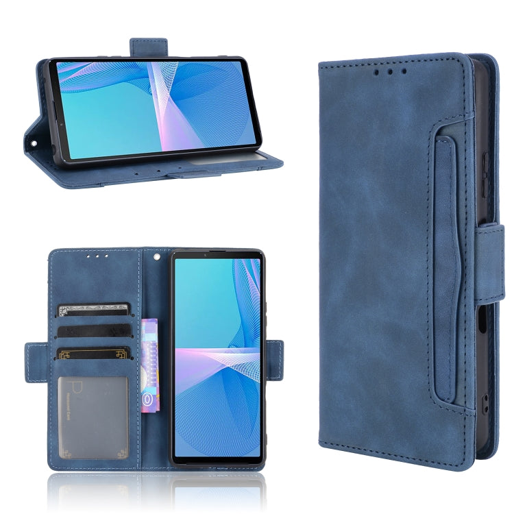 Blue flip leather phone case with card slots and viewing stand flap, side profile.