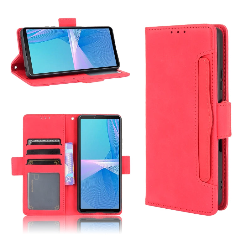 Red leather flip phone case with card slots and side holder, horizontal flip wallet design