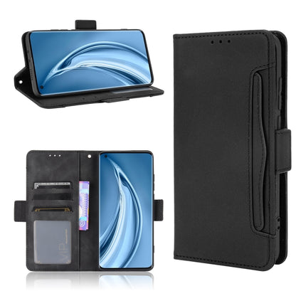 Black leather flip phone case, front cover closed with built-in side card holder.