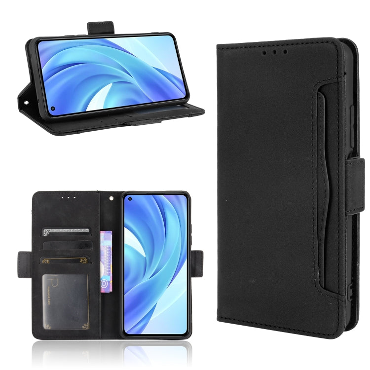 Black leather flip phone case open view showing card slots and phone stand panel.
