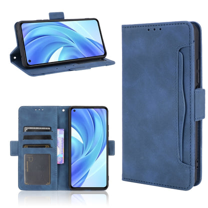 Blue flip leather phone case with card slots and photo/holder window, stand unfolded.