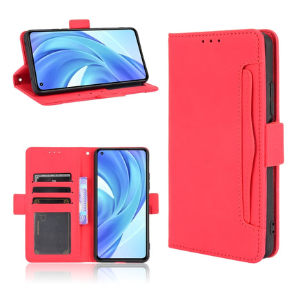 Red flip leather phone case with card slots and photo holder