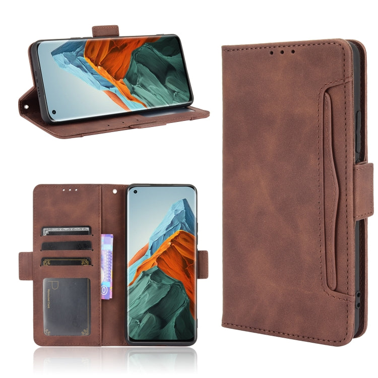 Brown leather flip phone case with card slots, photo window, and flip stand