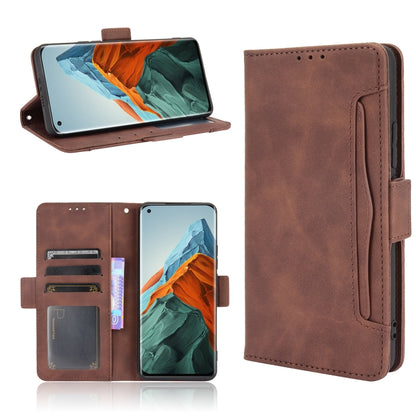 Brown leather flip phone case with card slots, photo window, and flip stand