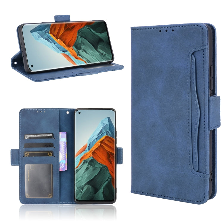 Blue flip leather phone case with card slots and holder, portrait open and closed views.