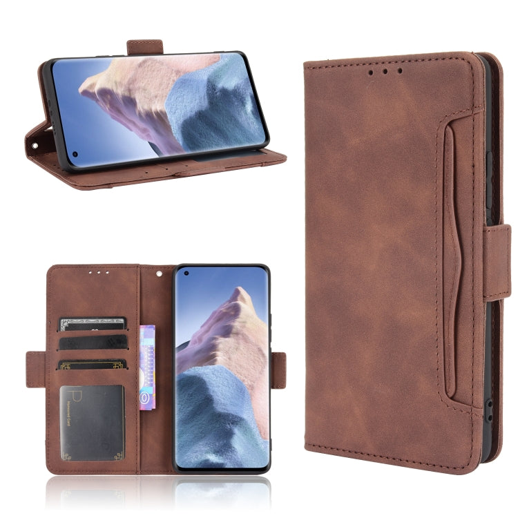 Brown leather flip phone case with front cover open showing card and photo slots