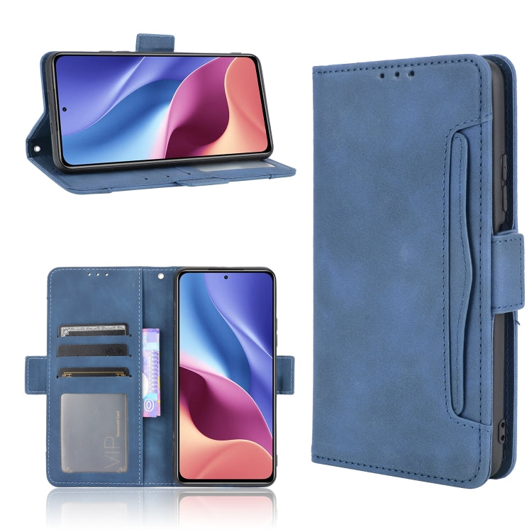 Blue leather flip phone case with card slots and inner holder, phone front and back views