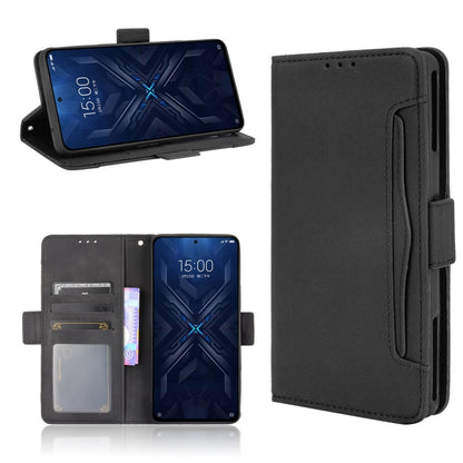 Black leather flip phone case with card slots, front cover closed and side holder.