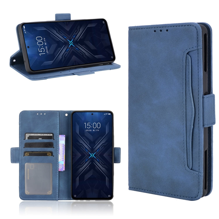 Blue leather flip phone case with card slots and built-in photo frame window, side grip