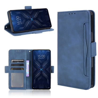 Blue leather flip phone case with card slots and built-in photo frame window, side grip