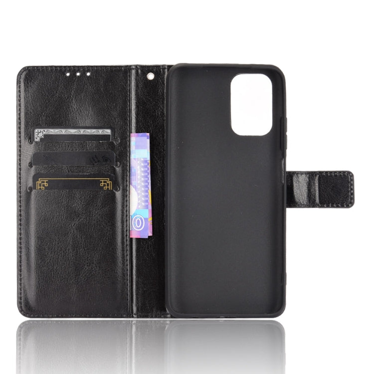 Black leather flip phone case open, showing card slots and stand cover