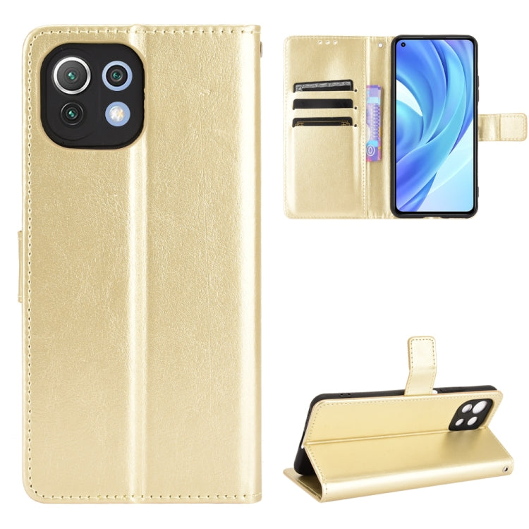 Gold leather-style phone wallet case with card slots and kickstand flip cover holder.