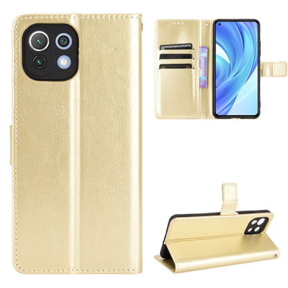 Gold leather-style phone wallet case with card slots and kickstand flip cover holder.