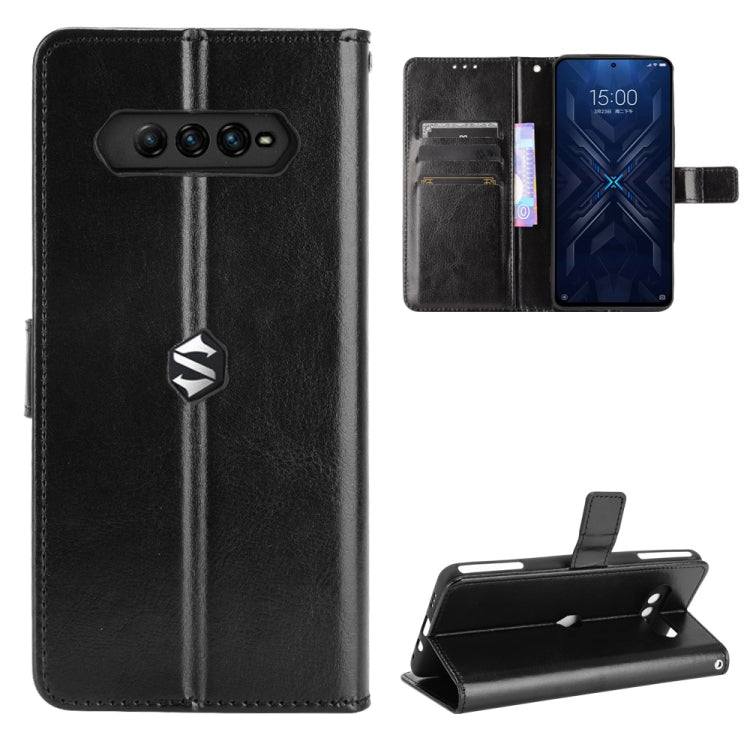 Black leather flip phone case with card slots and camera cutout; kickstand function.
