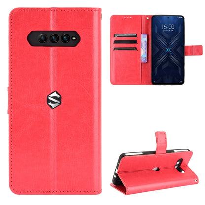Bright red leather flip phone case with card slots and camera cutout; stand design.