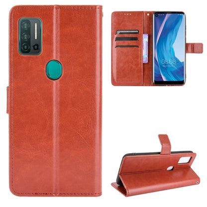 Red-brown flip phone wallet case with card slots and photo holder, leather-look texture.