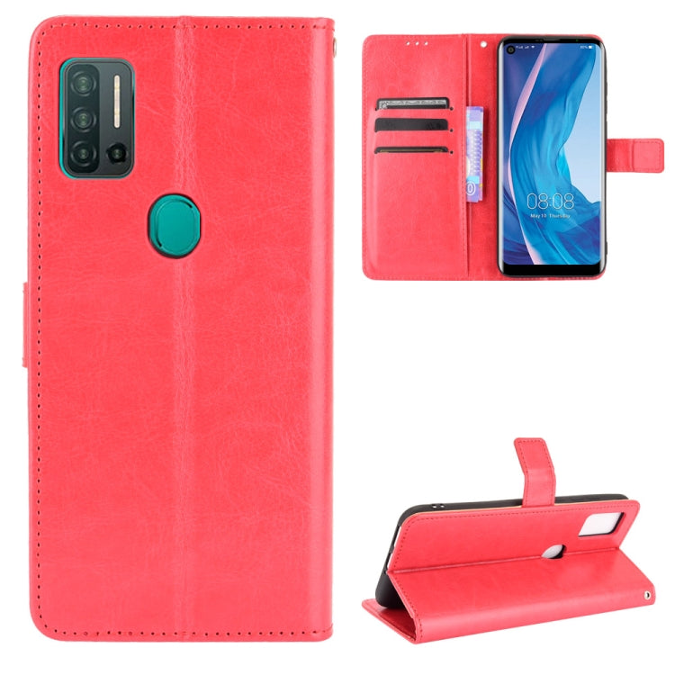Bright red flip phone wallet case with card slots and photo holder, leather-look texture.