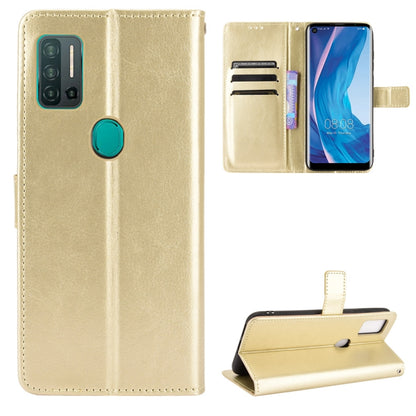 Light gold flip phone wallet case with card slots and photo holder, leather-look texture.