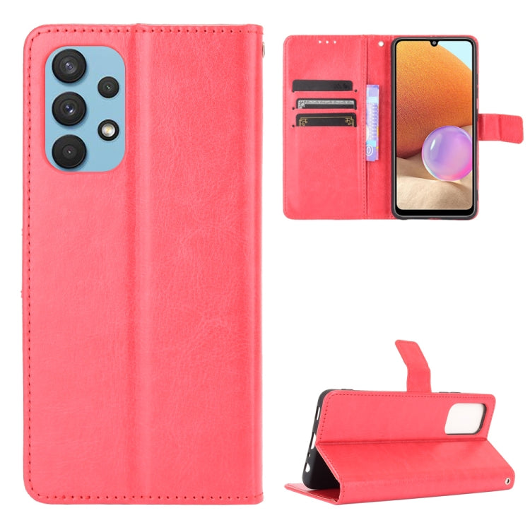 Pink-red leather flip phone case with card slots and camera cutout; viewing stand.
