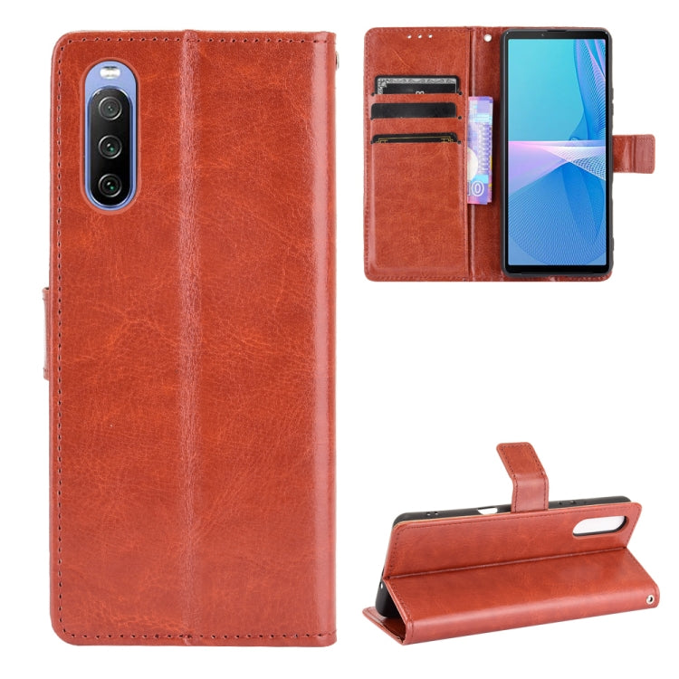 Brown flip phone wallet case with card slots and photo holder, leather-look texture.