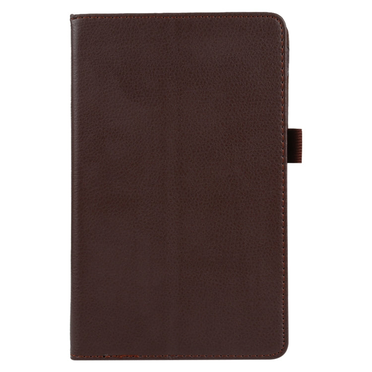 Brown litchi-textured folio leather tablet case with stitched edges and front cover