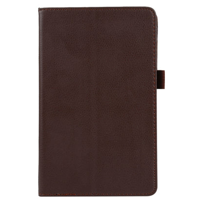 Brown litchi-textured folio leather tablet case with stitched edges and front cover
