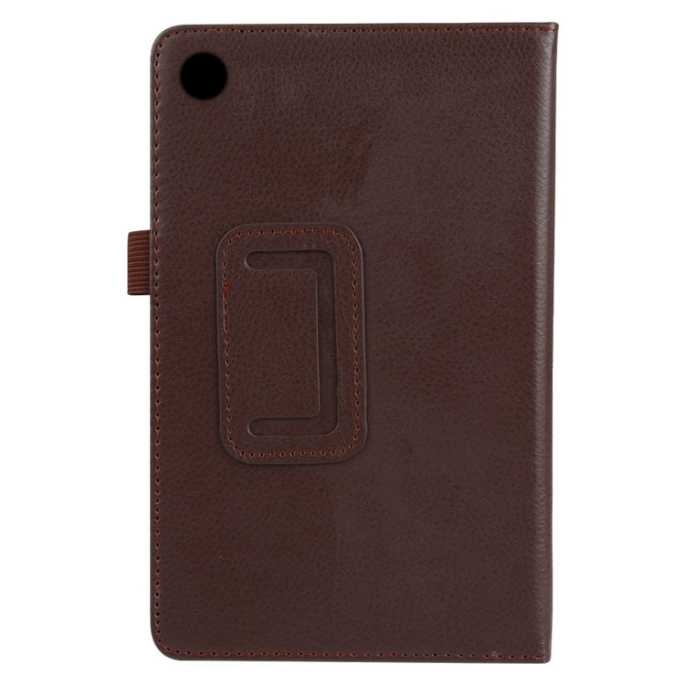 Brown litchi-textured flip leather tablet case with camera cutout and stitched pocket