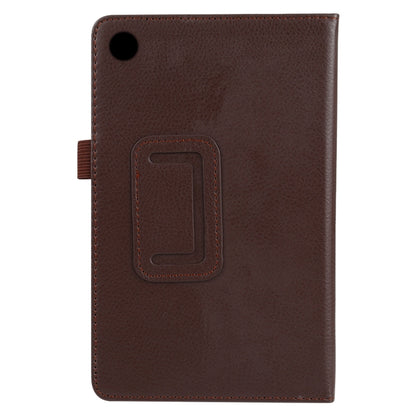 Brown litchi-textured flip leather tablet case with camera cutout and stitched pocket