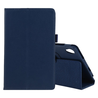 Dark blue litchi-texture leather-style flip case with stand, holder, and pen slot