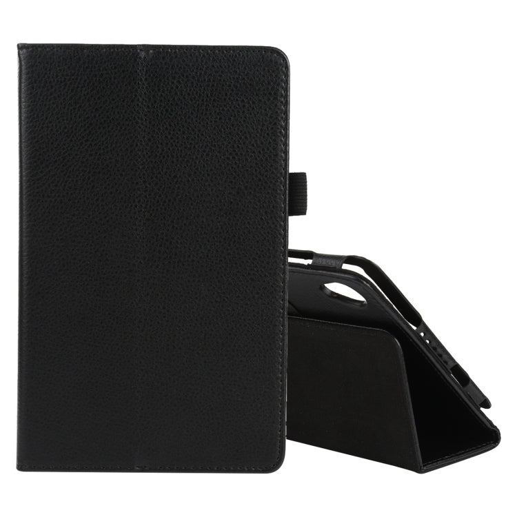Black litchi-texture leather-style flip case with stand, holder, and pen slot