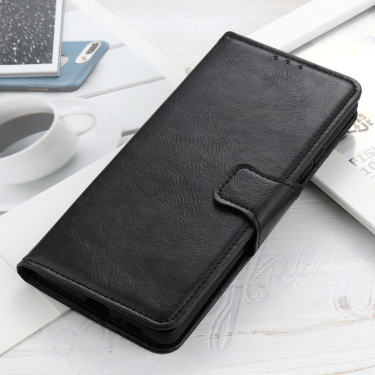 Black leather wallet phone case with flap and stitched magnetic-style closure