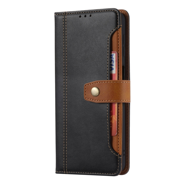 Black leather phone wallet case with card holder and snap clasp, stitched edges.