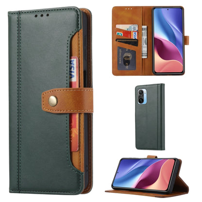 Dark green leather flip phone case with clasp, photo window, and card slots