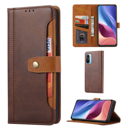 Coffee brown leather flip phone case with clasp, photo window, and card slots