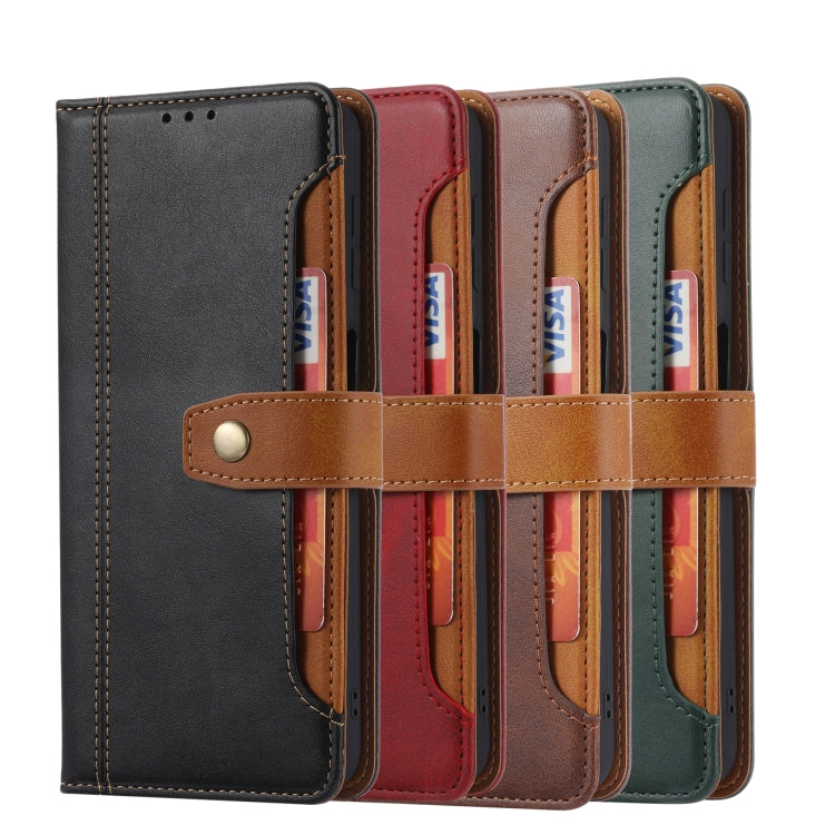 Set of leather flip phone cases in dark gray, red, tan, and teal with card slots