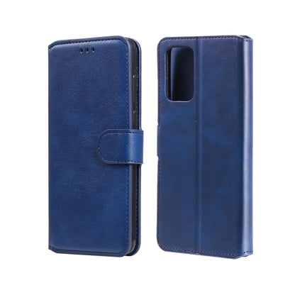Blue flip leather phone case with card slots and magnetic holder, front flap and back view