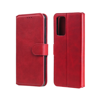 Red flip leather phone case with card slots and magnetic holder, front flap and back view
