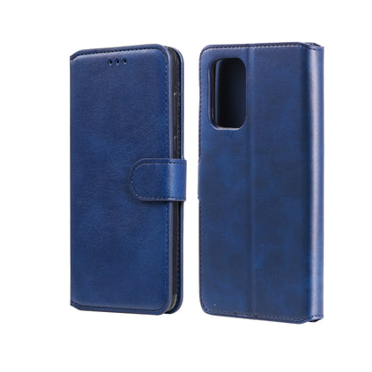 Blue flip phone wallet case with magnetic strap and camera cutout.